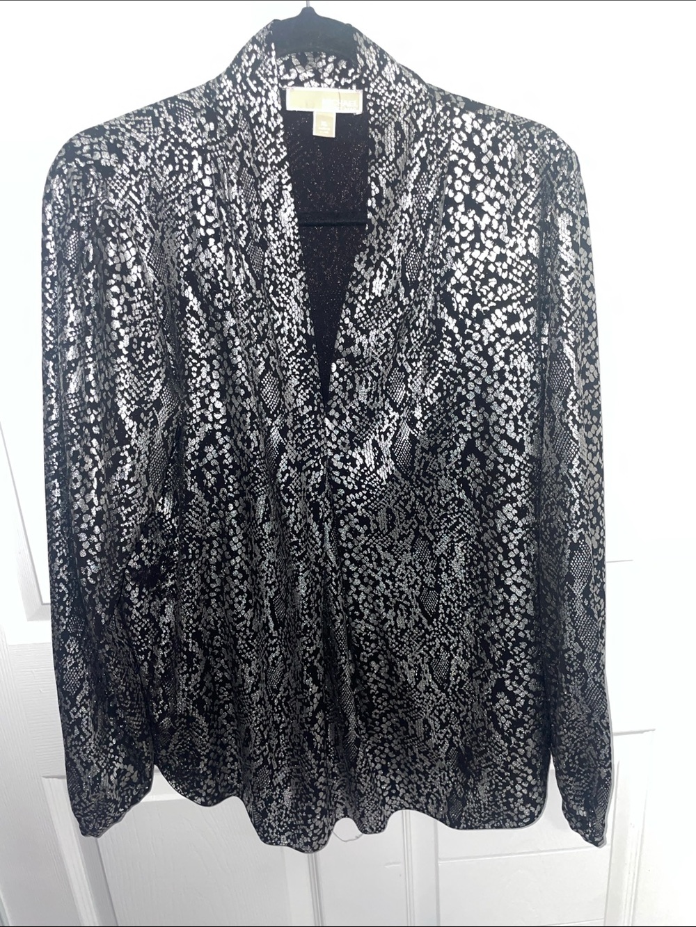Michael Kors Black & Silver Metallic Animal-Print V-Neck Blouse
